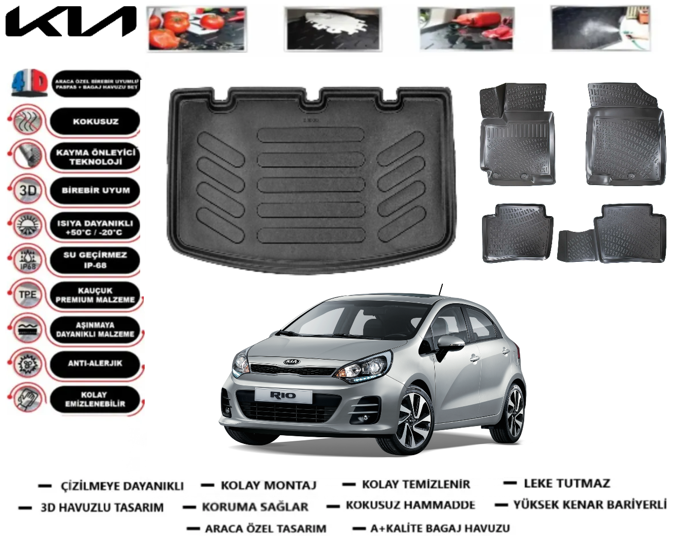 Kia Rio 2011-2017 Hatchback 3D Bagaj Havuzu+3D Araca Özel Paspas Takımı