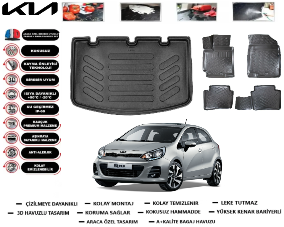 Kia Rio 2011-2017 Hatchback 3D Bagaj Havuzu+3D Araca Özel Paspas Takımı