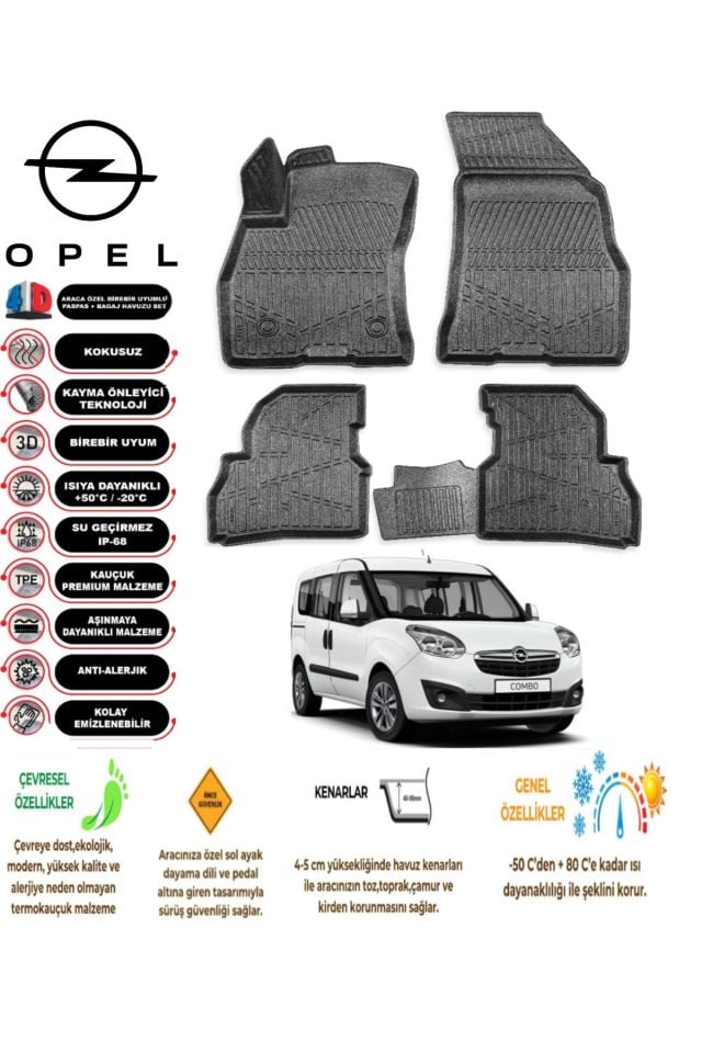 Opel Combo 2018 Model 4D Araca Özel Havuzlu Kokusuz Paspas Takımı