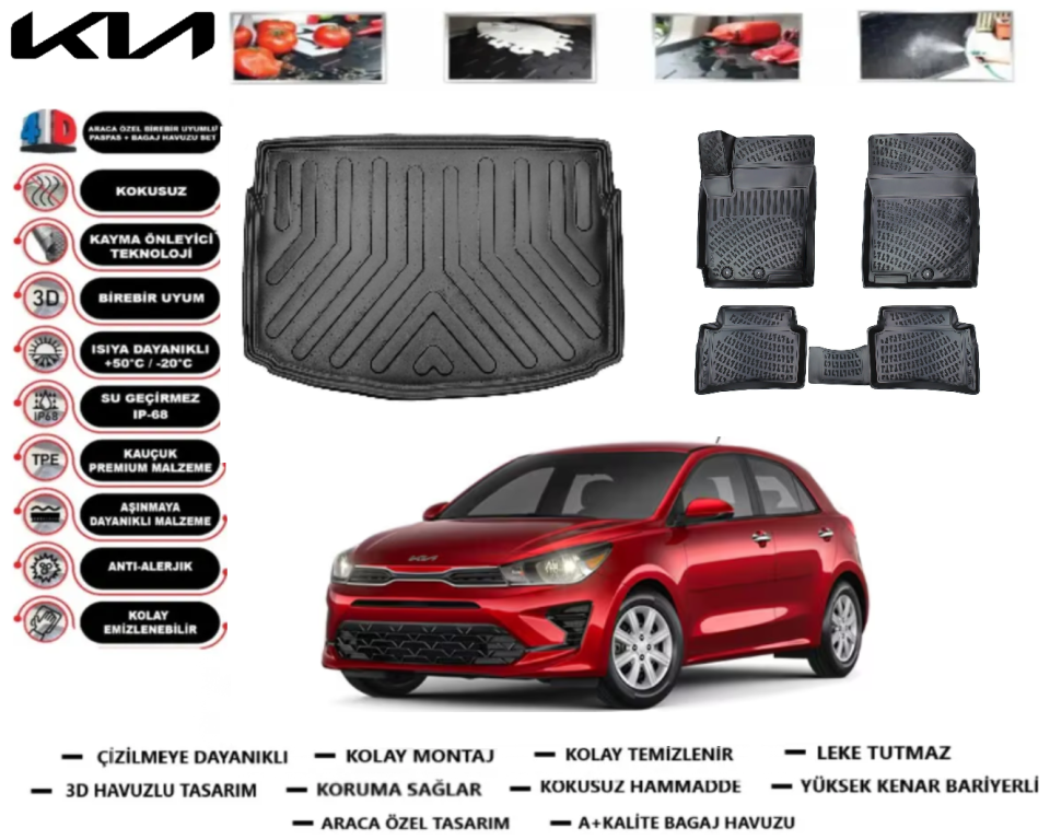 Kia Rio 2021 Sonrası 3D Bagaj Havuzu+3D Araca Özel Paspas Takımı