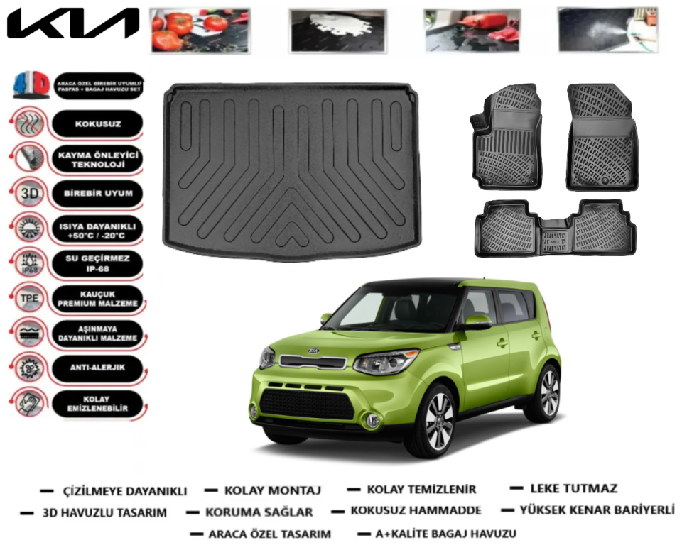 Kia Soul 2013-2019 3D Bagaj Havuzu+3D Araca Özel Paspas Takımı