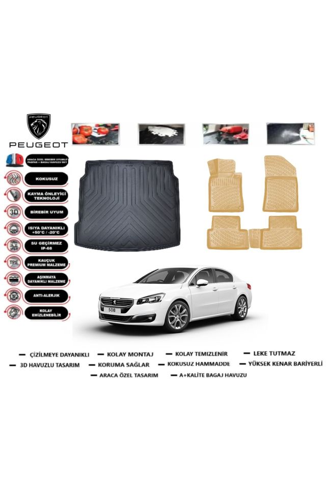 Peugeot 508 2016 Model Acsses Bagaj Havuzu+Araca Özel Bej Paspas Takımı Flex