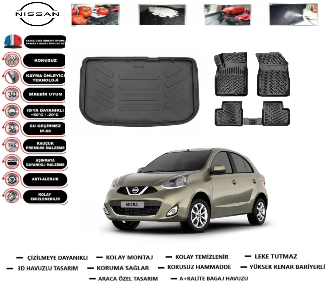 Nissan Micra 2011-2018 3D Bagaj Havuzu+3D Araca Özel Paspas Takımı