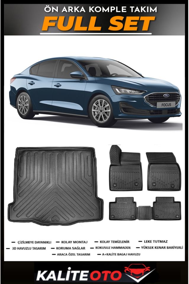 Ford Focus 5 Sedan İnce Stepneli Bagaj Havuzu+4.5D Havuzlu Paspas Seti 2019 Model