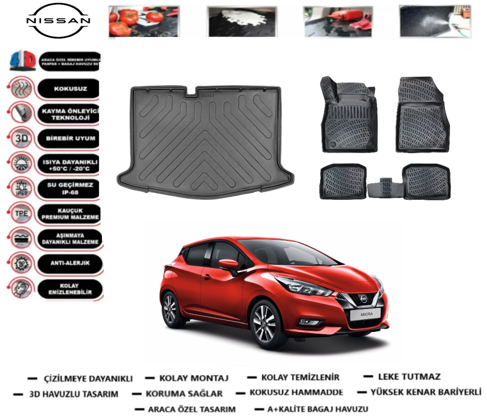 Nissan Micra 2018 Sonrası 3D Bagaj Havuzu+3D Araca Özel Paspas Takımı