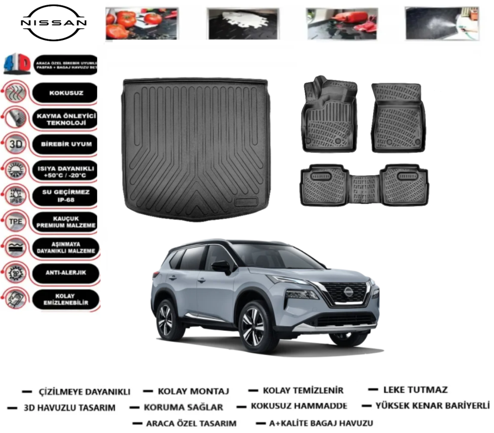 Nissan X-trail 2021 Sonrası E-Power 3D Bagaj Havuzu+3D Araca Özel Paspas Takımı