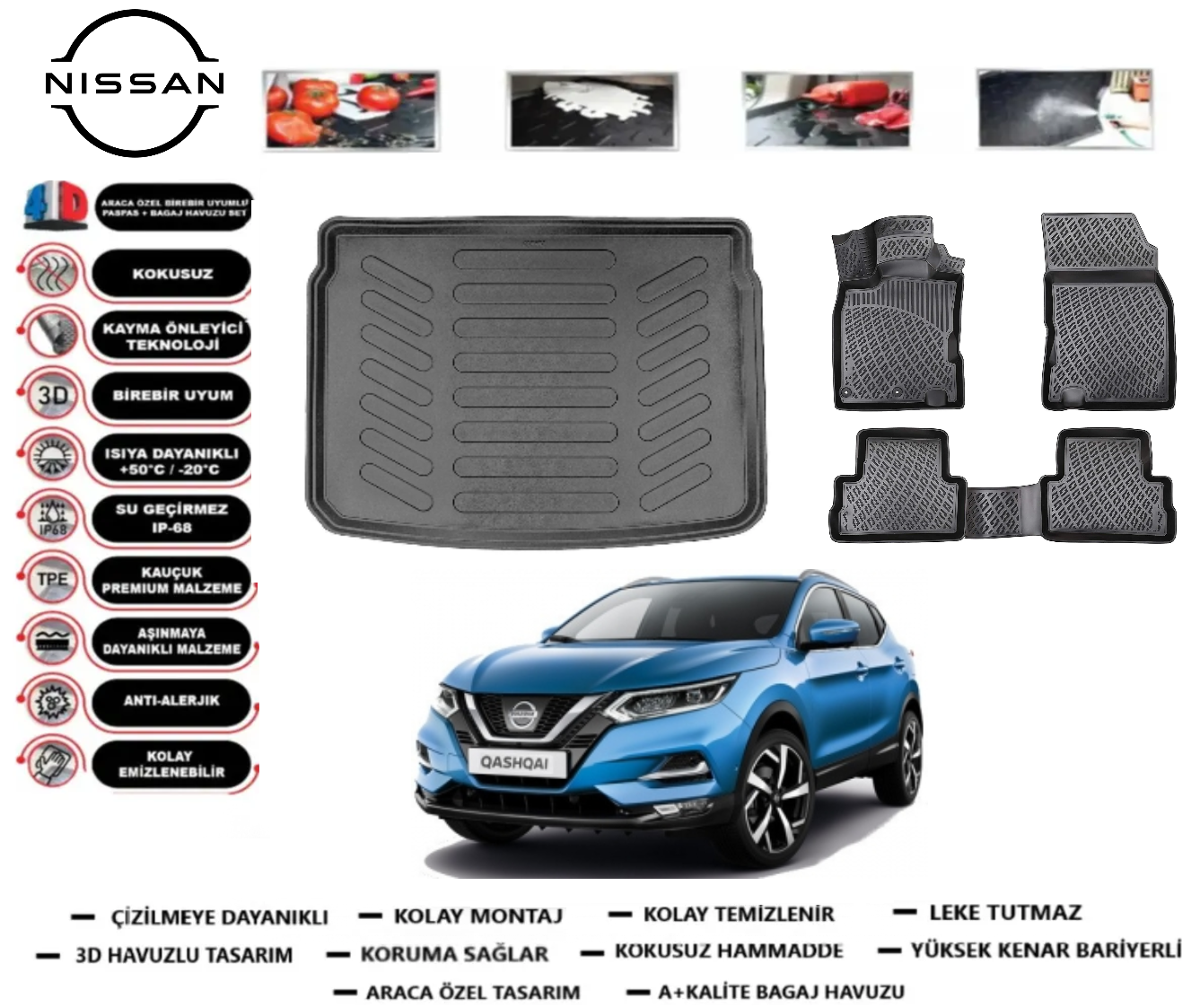 Nissan Qashqai 2014-2021 3D Üst Bagaj Havuzu+3D Araca Özel Paspas Takımı