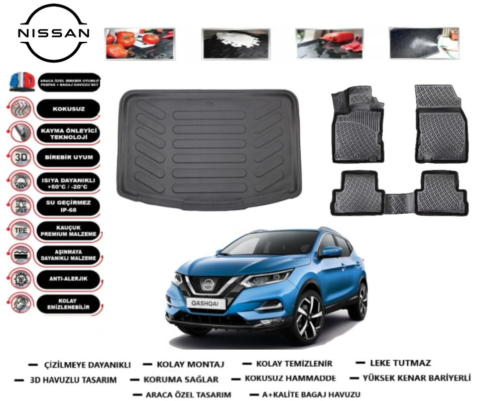 Nissan Qashqai 2014-2021 3D Alt Bagaj Havuzu+3D Araca Özel Paspas Takımı