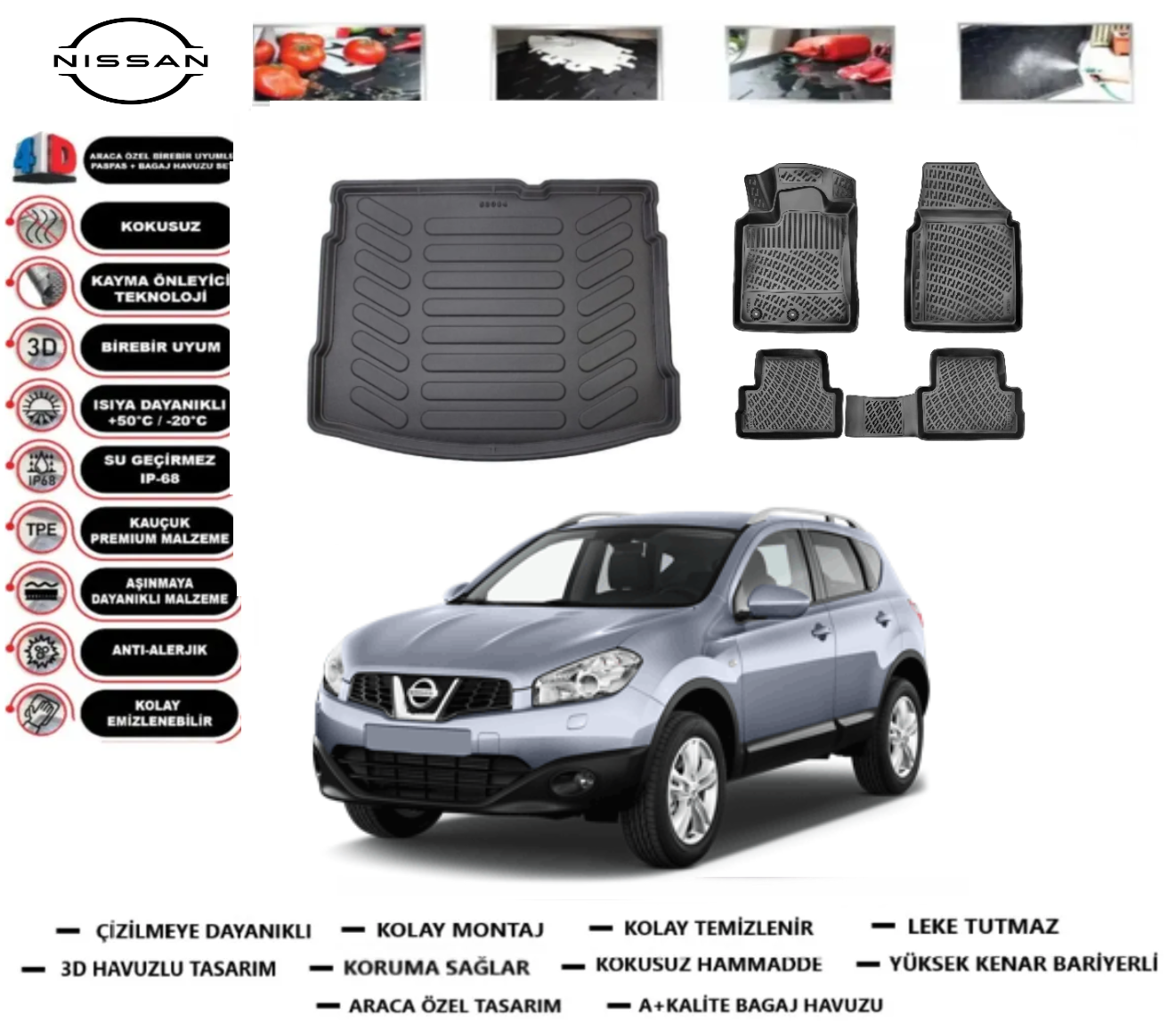 Nissan Qashqai 2007-2013 3D Bagaj Havuzu+3D Araca Özel Paspas Takımı