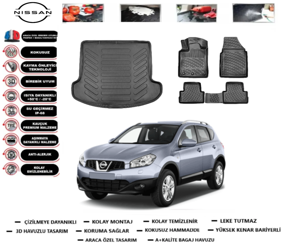Nissan Qashqai+2 2007-2013 3D Bagaj Havuzu+3D Araca Özel Paspas Takımı