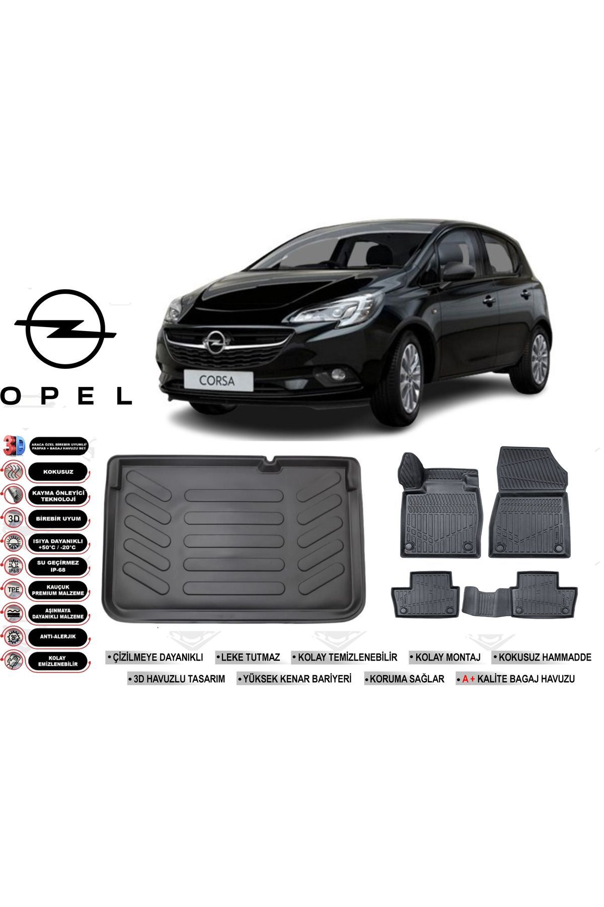 Opel Corsa E 2017 Model Bagaj Havuzu Araca Özel Siyah Havuzlu Paspas Takımı Sett
