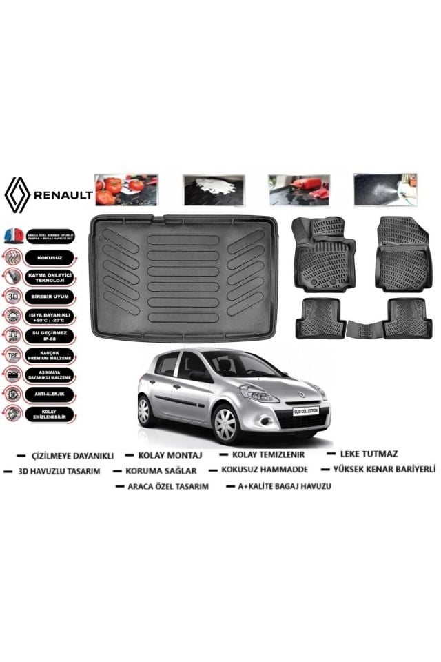 Renault Clio 3 HB 2009 Model Kancasız Bagaj Havuzu Araca Özel Paspas Takımı Prrox