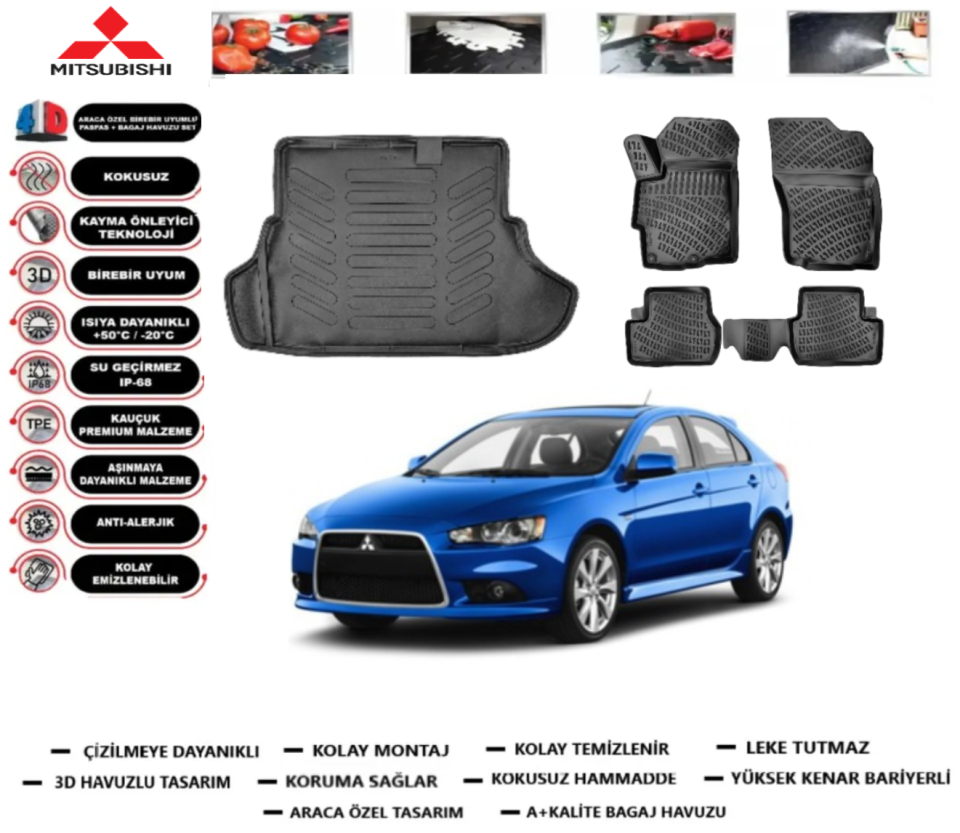 Mitsubishi Lancer 2008 Sonrası 3D Bagaj Havuzu+3D Araca Özel Paspas Takımı