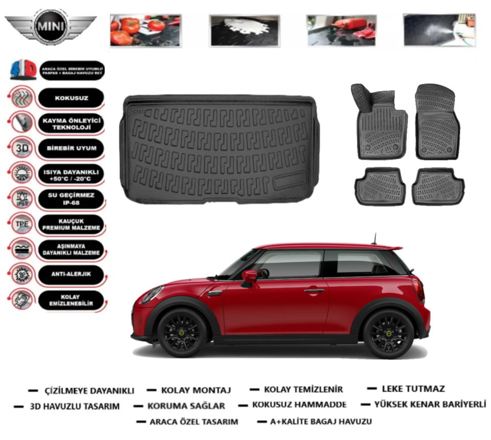 Mini Cooper Elektrikli SE F56 2021 Sonrası 3D Üst Bagaj Havuzu +3D Araca Özel Paspas Takımı