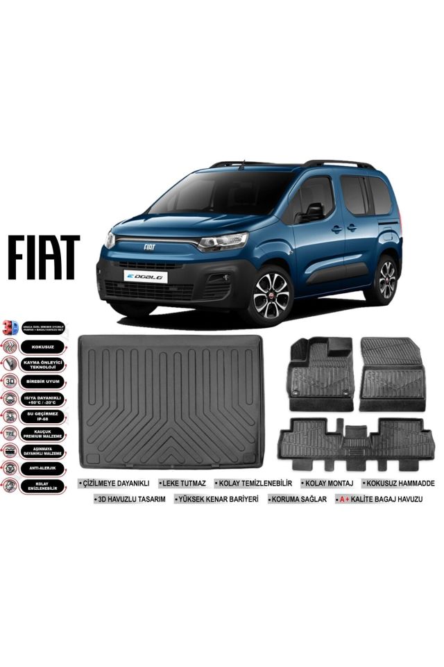 Fiat Doblo 2023 Model Bagaj Havuzu Araca Özel Siyah Havuzlu Paspas Takımı Sett