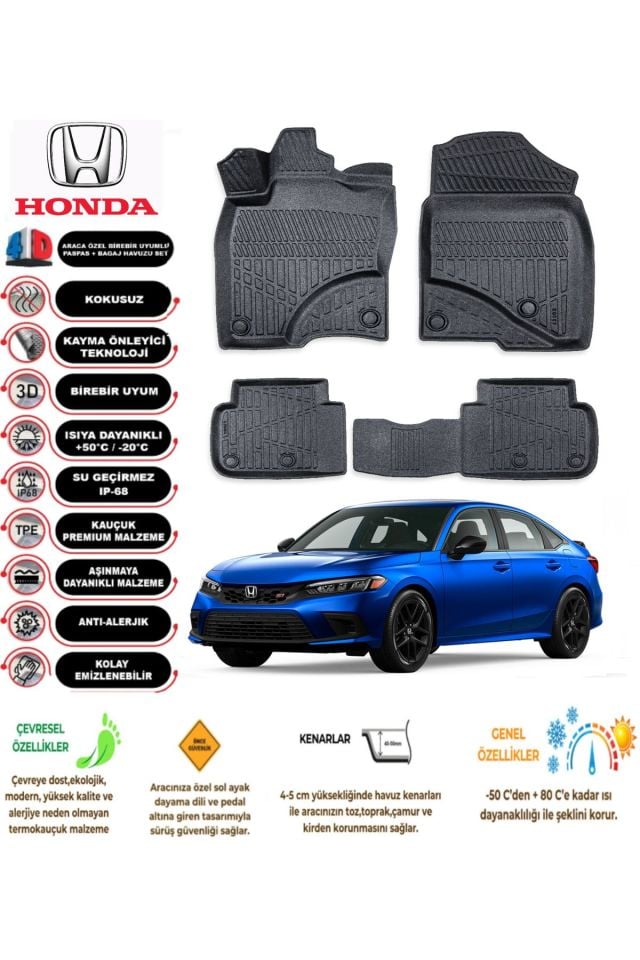Honda Civic 2023 Model 4D Araca Özel Havuzlu Paspas Takımı