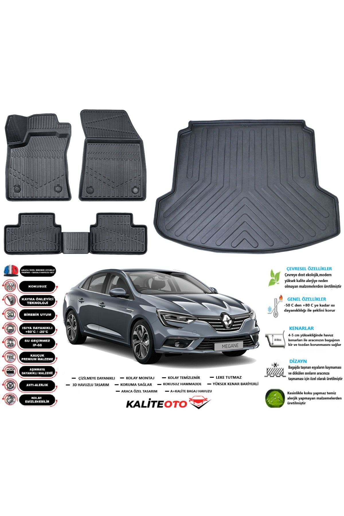 Renault Megane 4 2023 Model Çift Kulak Esnek Bagaj Havuzu Araca Özel Siyah Paspas Takımı