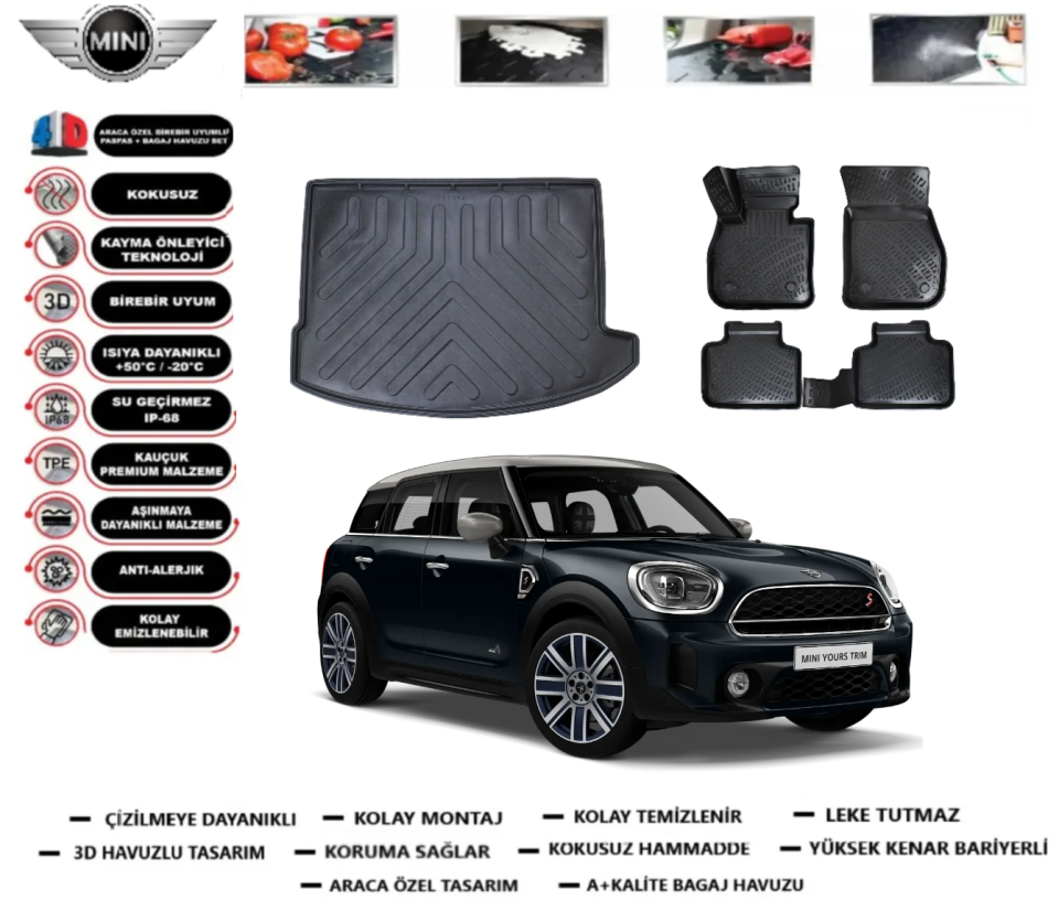 Mini Countryman R60 2017 Sonrası 3D Bagaj Havuzu+3D Araca Özel Paspas Takımı