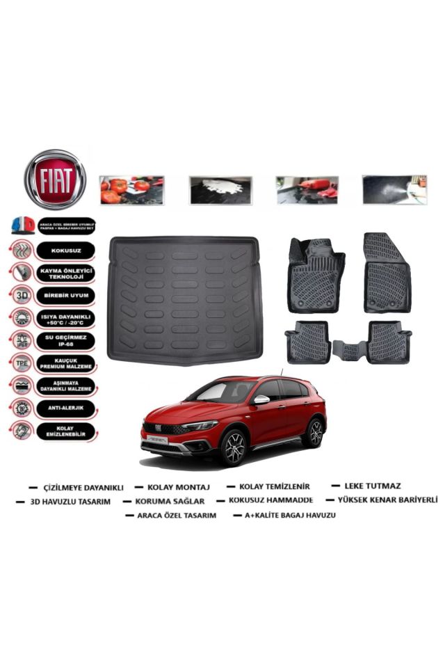 Fiat Egea Cross 2022 Uyumlu Model Stepneli Bagaj Havuzu Araca Özel Paspas Takımı Prrox