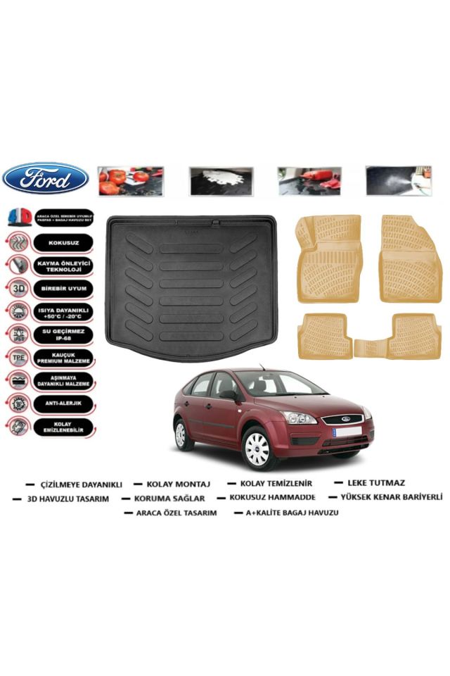 Ford Focus 2 HB 2007 Model Bagaj Havuzu+Araca Özel Bej Paspas Takımı Flex