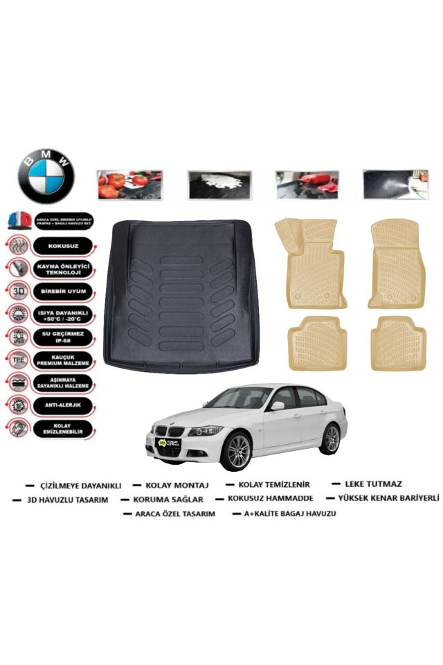 Bmw 3 serisi E90 2013 Model Bagaj Havuzu(paspası)+Araca Özel Bej Paspas Takımı Flex