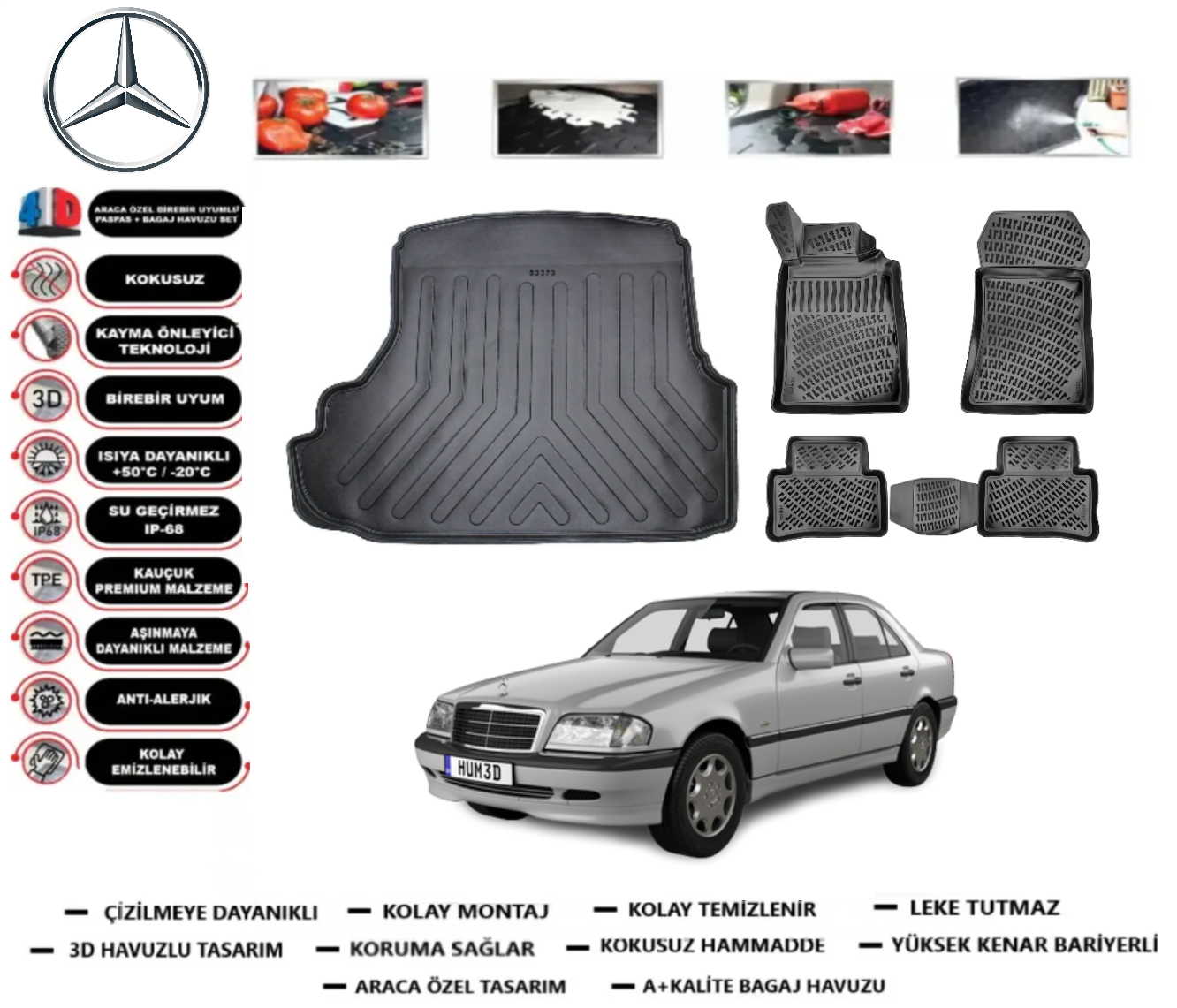Mercedes-Benz C Serisi 1993-2000 Bagaj Havuzu+3D Araca Özel Paspas Takımı