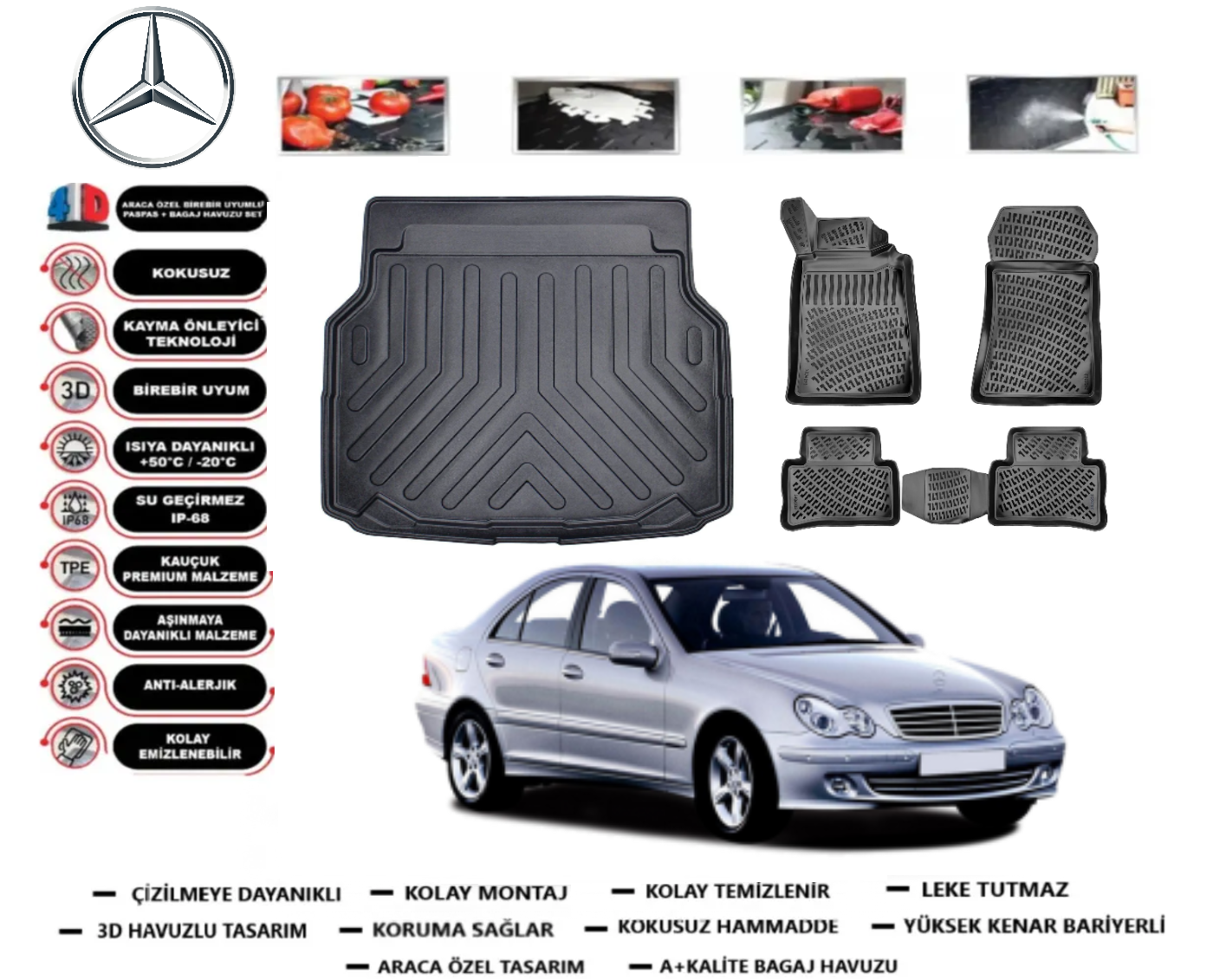 Mercedes-Benz C Serisi 2000-2007 W203 Bagaj Havuzu+Araca Özel Havuzlu Paspas Takımı