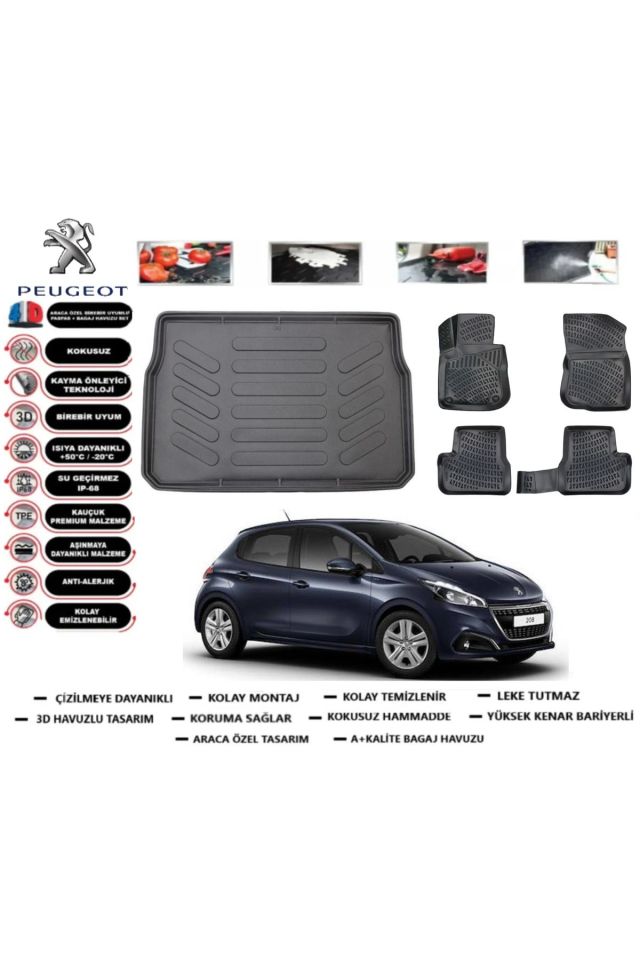 Peugeot 208 2016 Model Bagaj Havuzu Araca Özel Paspas Takımı kauçuk