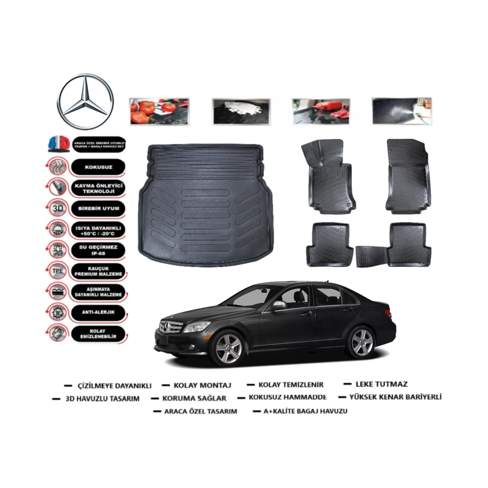 Mercedes-Benz C Serisi 2007-2014 W204 Rampalı Bagaj Havuzu+3D Havuzlu Paspas Takımı