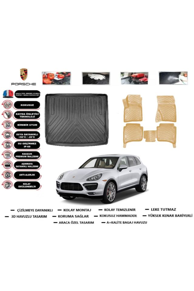 Porsche Cayenne 2012 Model Bagaj Havuzu(paspası)+Araca Özel Bej Paspas Takımı Flex