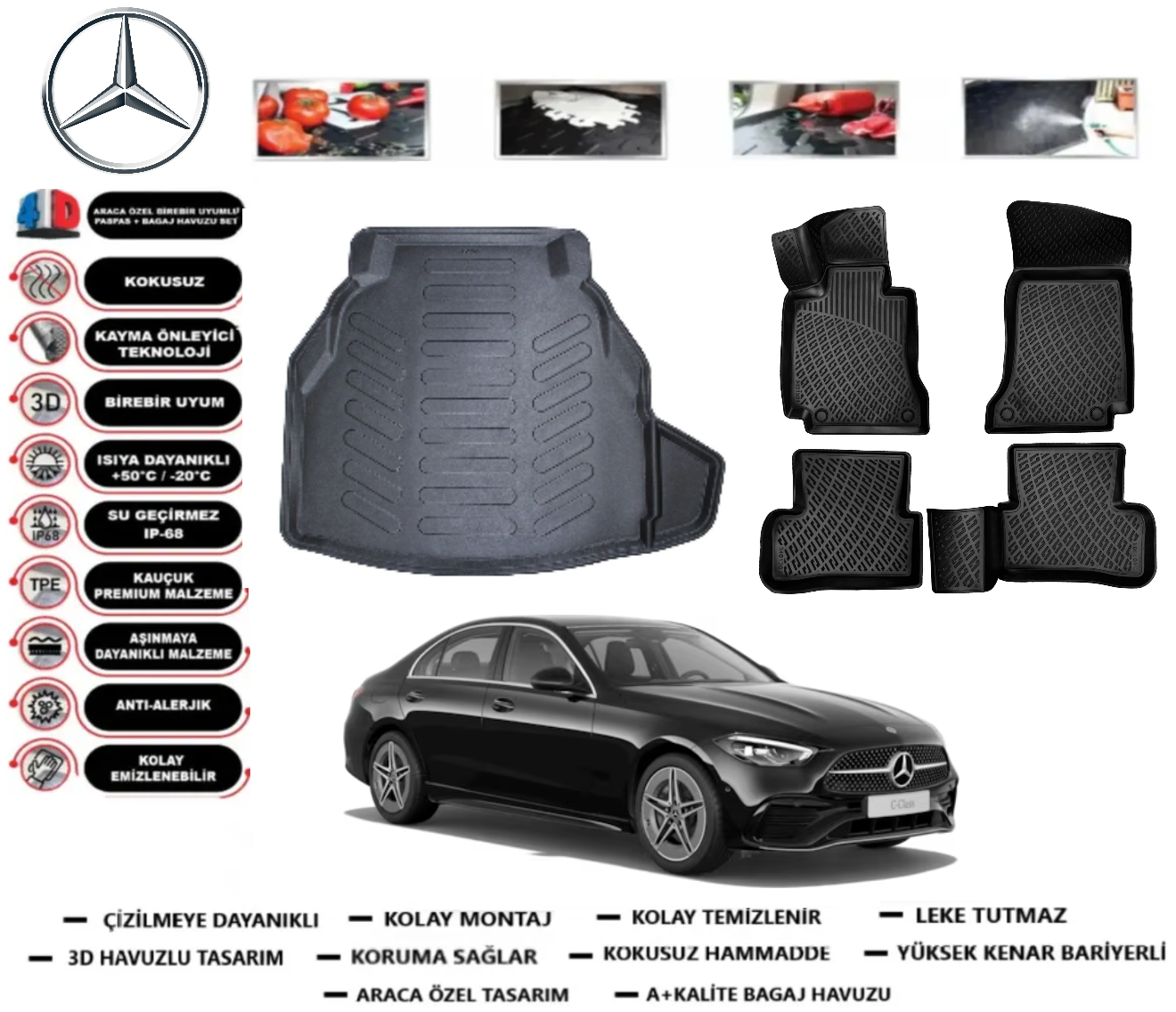Mercedes-Benz C Serisi 2014-2021 W205 Plastik Bagaj Havuzu+3D Havuzlu Paspas Takımı