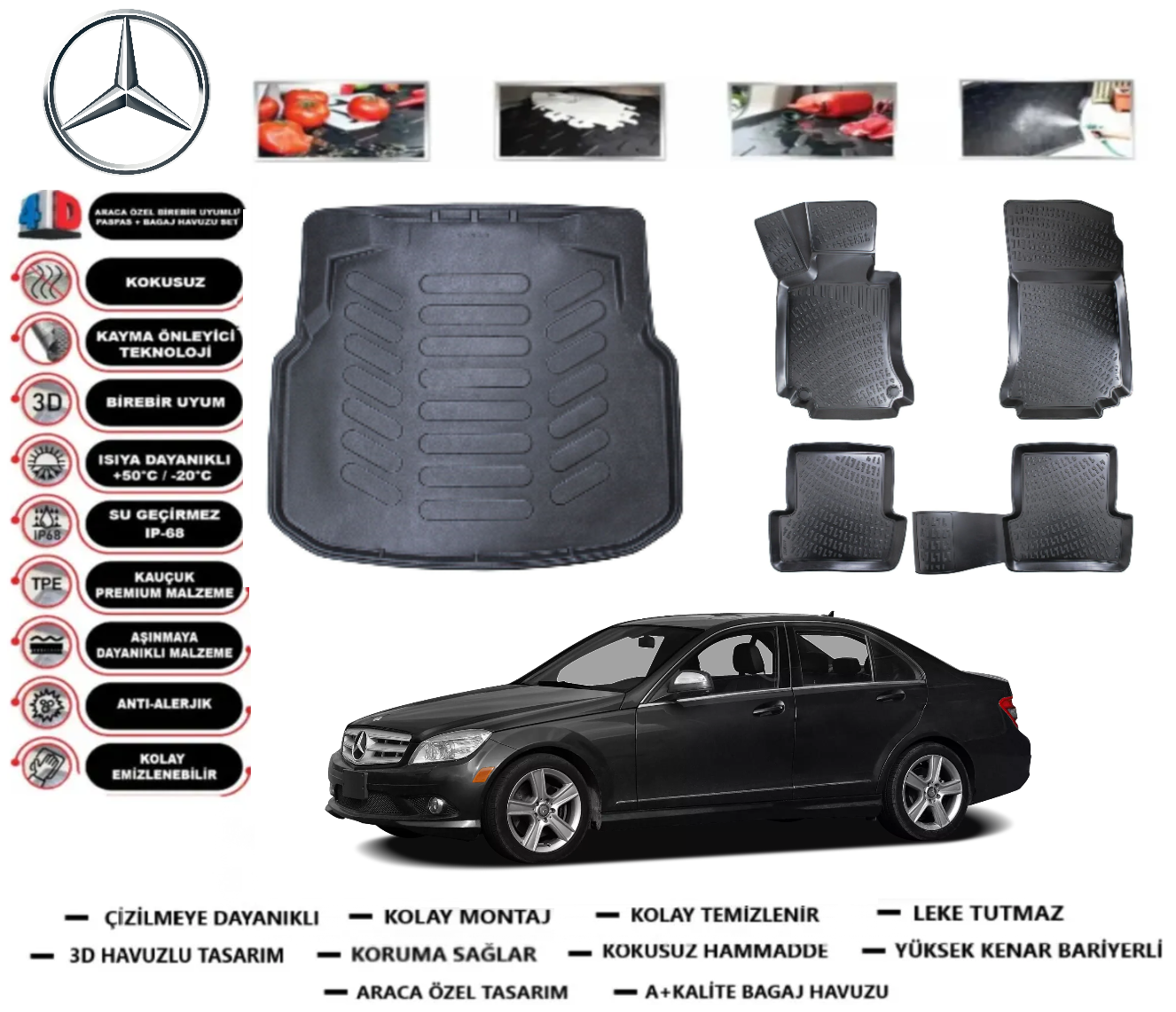Mercedes-Benz C Serisi 2007-2014 W204 Plastik Bagaj Havuzu+3D Havuzlu Paspas Takımı