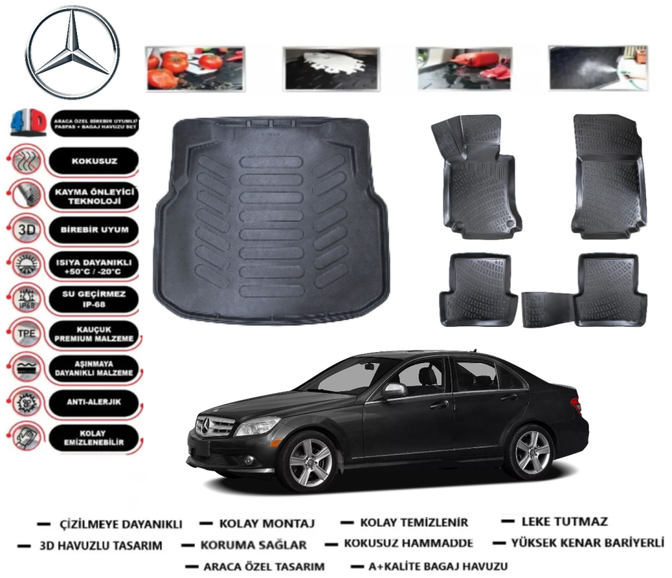 Mercedes-Benz C Serisi 2007-2014 W204 Plastik Bagaj Havuzu+3D Havuzlu Paspas Takımı