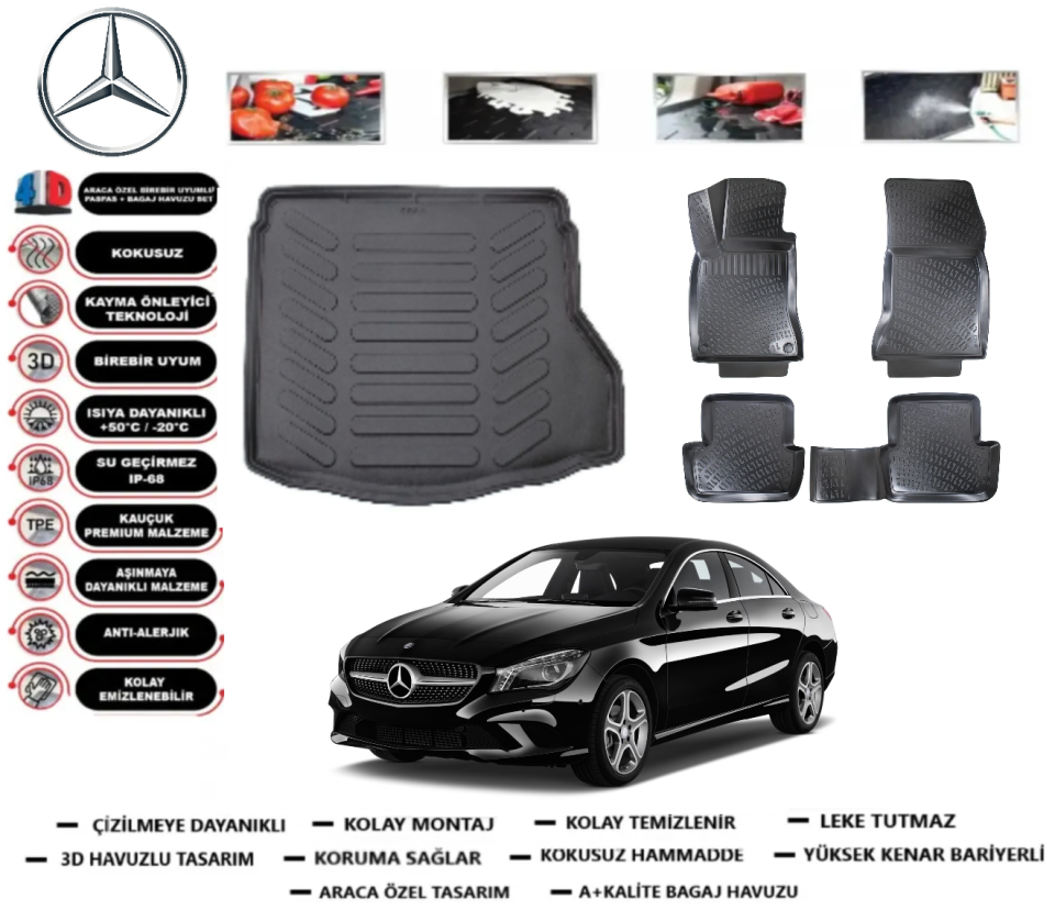 Mercedes-Benz CLA 2013-2019 Bagaj Havuzu+3D Havuzlu Paspas Takımı
