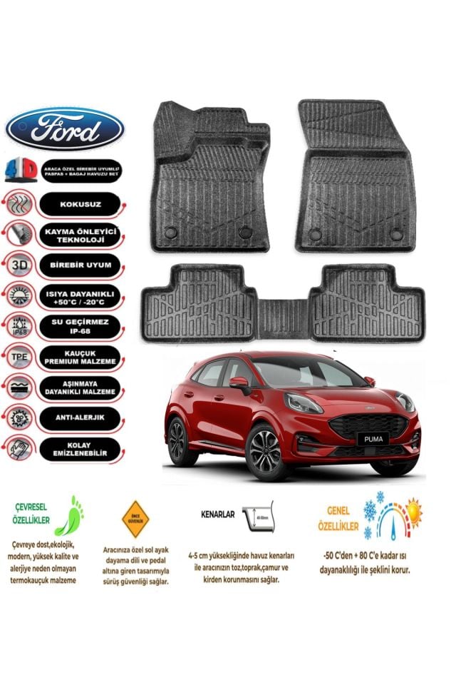 Ford Puma 2019 Sonrası 4D Araca Özel Havuzlu Kokusuz Paspas Takımı