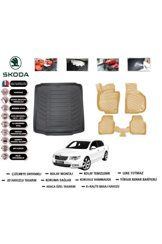 Skoda Super B 2012 Model Bagaj Havuzu+Araca Özel Bej Paspas Takımı Flex