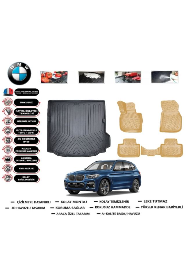 Bmw X3 2023 Model Bagaj Havuzu+Araca Özel Bej Paspas Takımı Flex