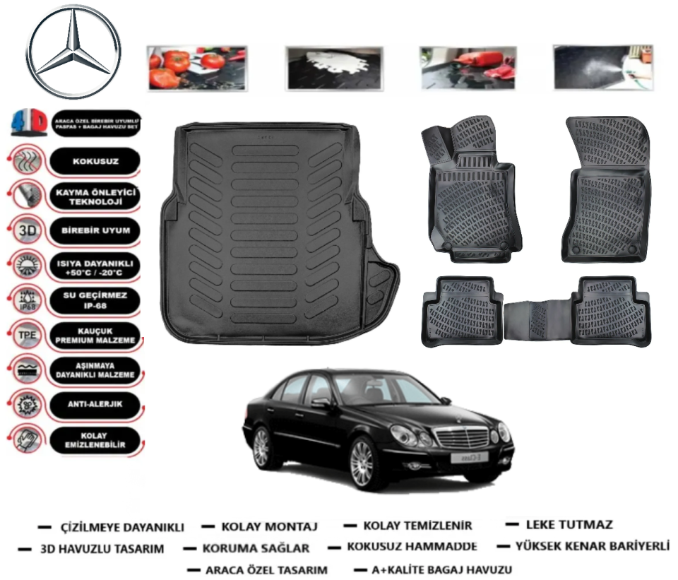 Mercedes E Serisi W211 2002-2009 3D Bagaj Havuzu+3D Araca Özel Paspas Takımı