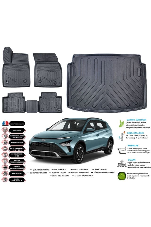 Hyundai Bayon 2023 Model Esnek Bagaj Havuzu Araca Özel Siyah Paspas Takımı