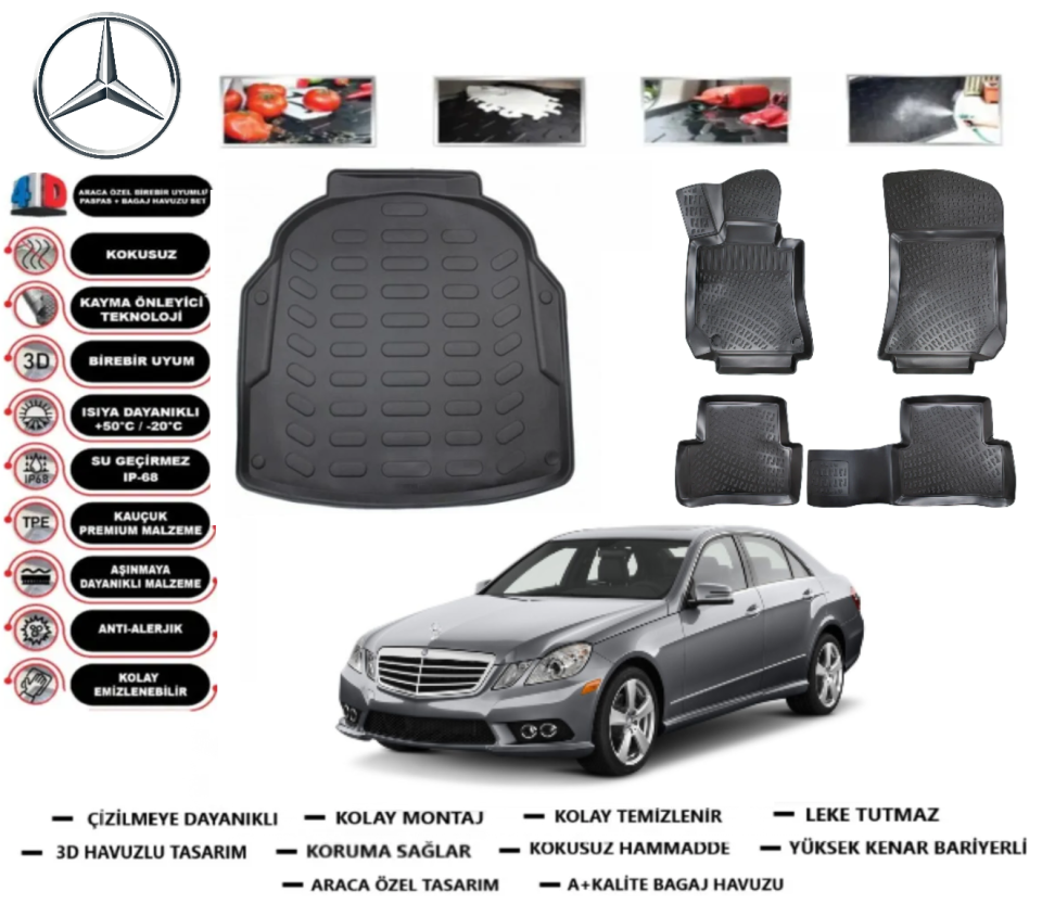 Mercedes E Serisi W212 2010-2016 3D Plastik Bagaj Havuzu+3D Araca Özel Paspas Takımı