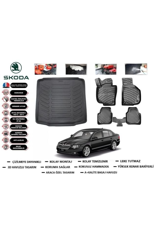 Skoda Super B 2014 Model Bagaj Havuzu Araca Özel Paspas Takımı Prrox