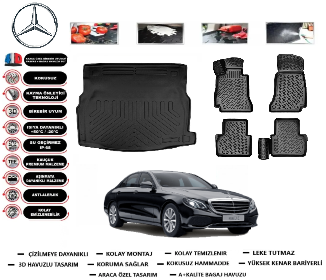 Mercedes E Serisi W213 2016-2023 3D Rampalı Bagaj Havuzu+3D Araca Özel Paspas Takımı