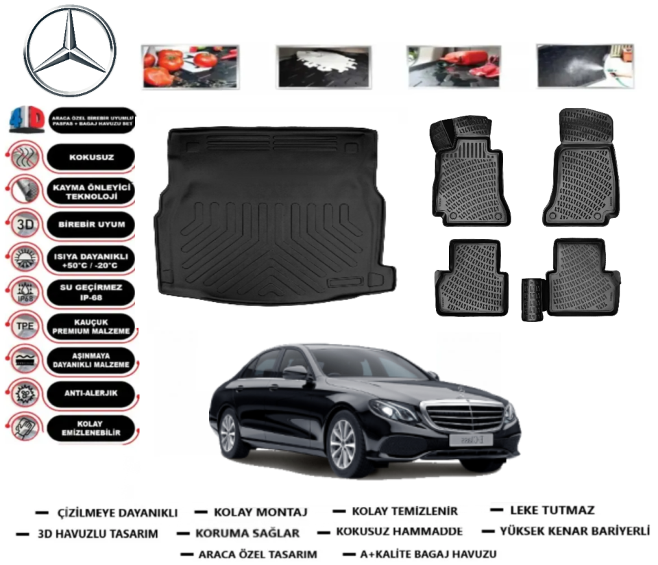 Mercedes E Serisi W213 2016-2023 3D Rampalı Bagaj Havuzu+3D Araca Özel Paspas Takımı