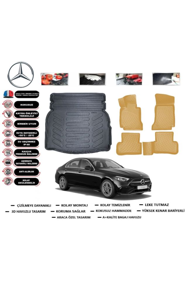 Mercedes C Serisi W205 2015 Model Rampalı Bagaj Havuzu+Araca Özel Bej Paspas Takımı Flex