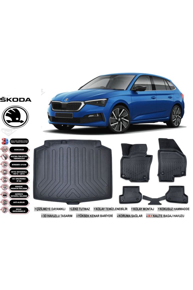 Skoda Scala 2022 Model Bagaj Havuzu Araca Özel Siyah Havuzlu Paspas Takımı Sett