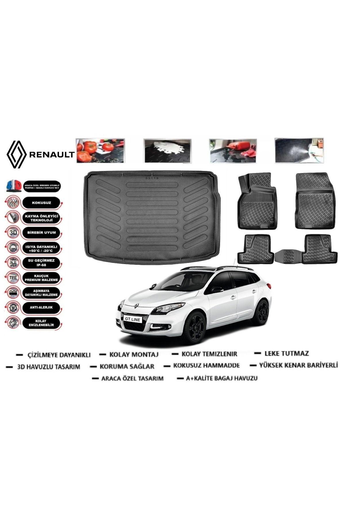 Renault Megane 3 Sport tourer 2016 Model Bagaj Havuzu Araca Özel Paspas Takımı Prrox
