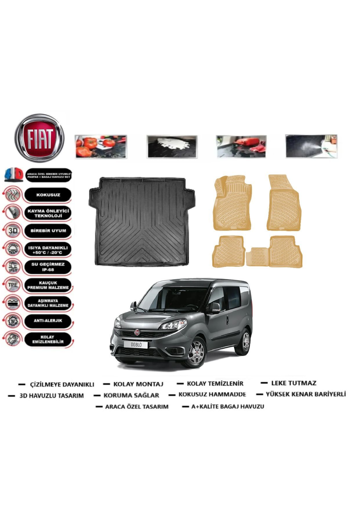 Fiat Doblo 2020 Model Bagaj Havuzu(paspası)+Araca Özel Bej Paspas Takımı Flex
