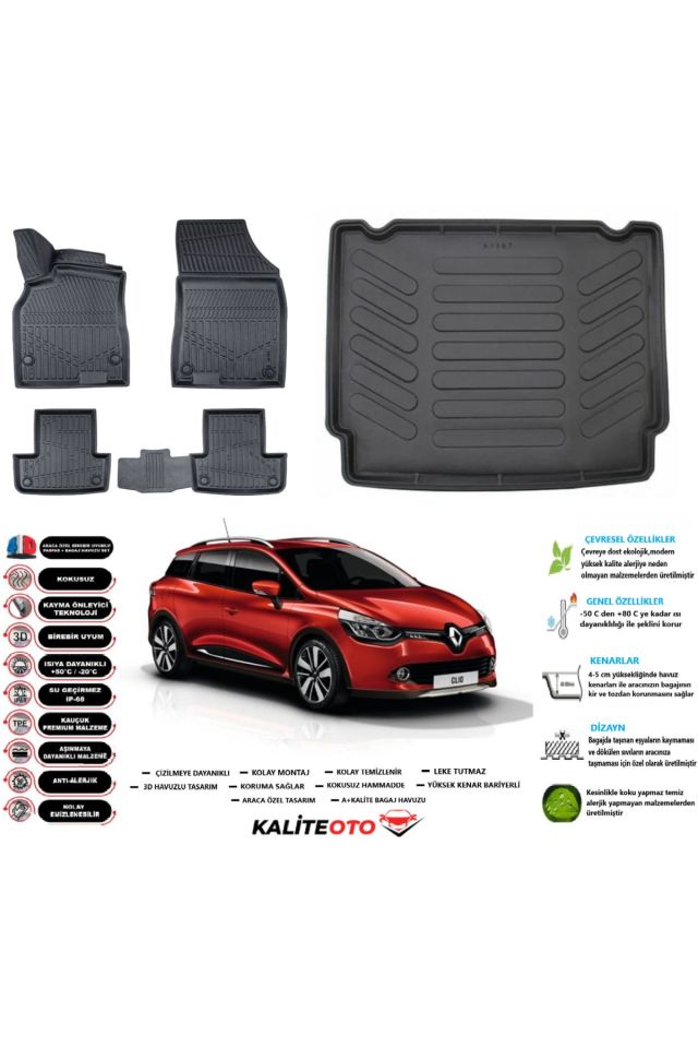 Renault Clio 4 Stw 2016 Model Esnek Bagaj Havuzu Araca Özel Siyah Paspas Takımı