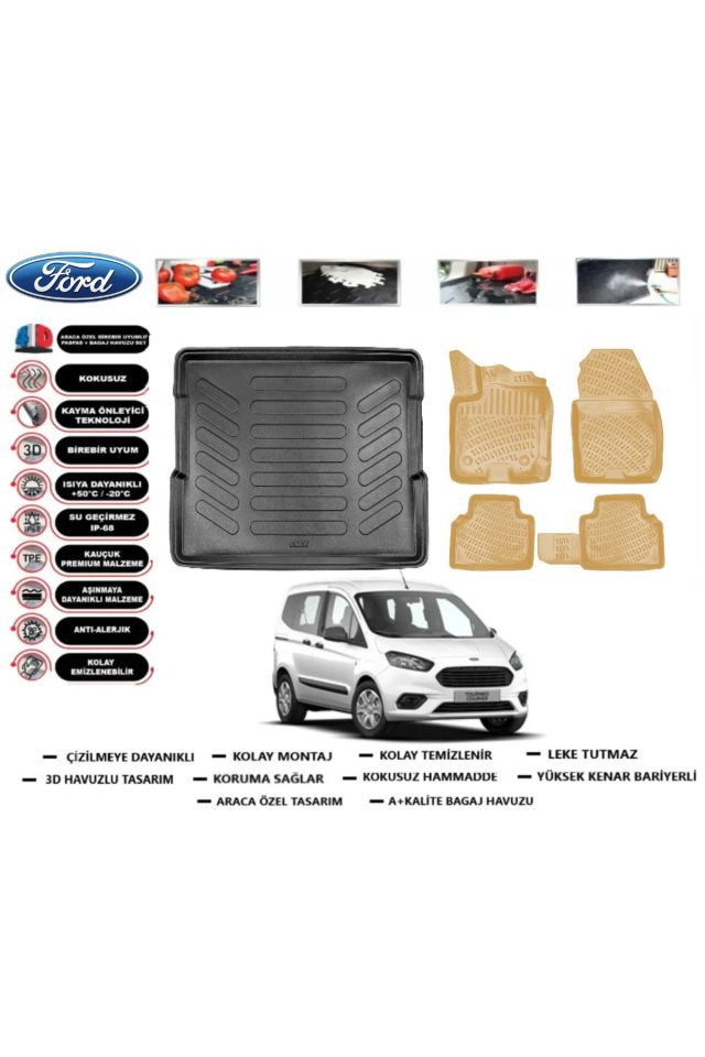 Ford Tourneo Courier 2015 Model Bagaj Havuzu(paspası)+Araca Özel Bej Paspas Takımı Flex