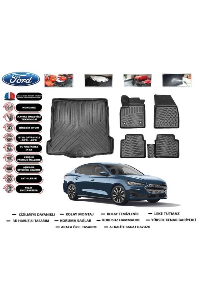 Ford Focus 4 Sedan 2024 Model İnce Stepne Bagaj Havuzu Araca Özel Paspas Takımı Prrox